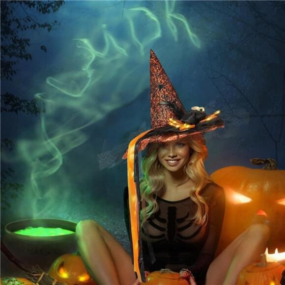 Women's Halloween Witch Hat with LED Lights, Black Yellow - Picture 7 of 7